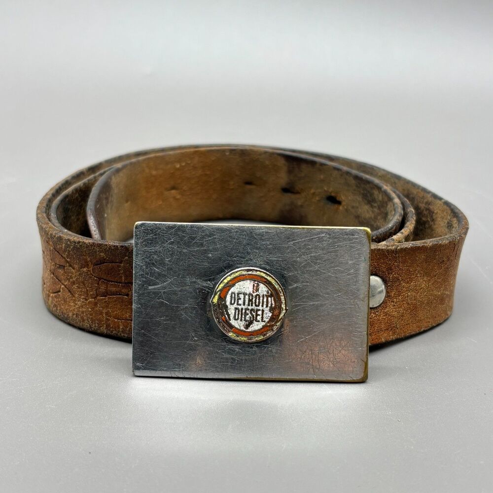 Vintage Detroit Diesel Logo Belt Buckle Leather Belt 1970s 80s Trucker Mechanic